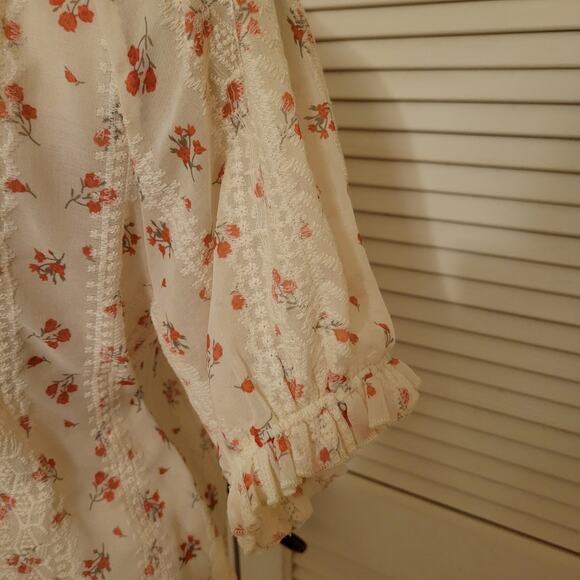 Floral Print Ruffle Trim Embroidered Button Front Blouse Ivory Womens Size 4-6 - Picture 5 of 8